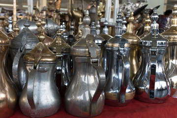 Fototapeta na wymiar Antique Copper Vases, Pots & Brass Jugs