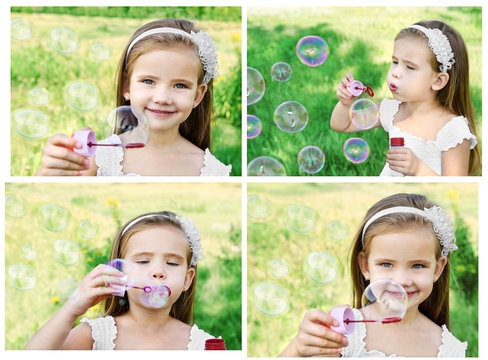 Collection of photos little girl is blowing a soap bubbles