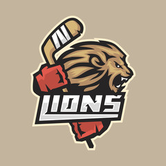 Naklejka premium Hockey emblem ferocious lion with stick