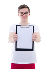 handsome teenage boy showing clipboard with copy space isolated