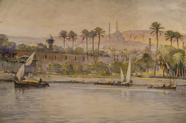 Oil Painting shows the Nile river and Saladin castle 