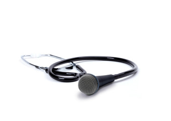 a composition of stethoscope connected to microphone