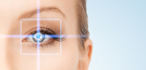 beautiful woman pointing to eye