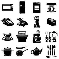Monochromatic icons set of some kitchen utensils and appliances
