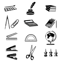 Monochromatic icons set of some office and school stationery