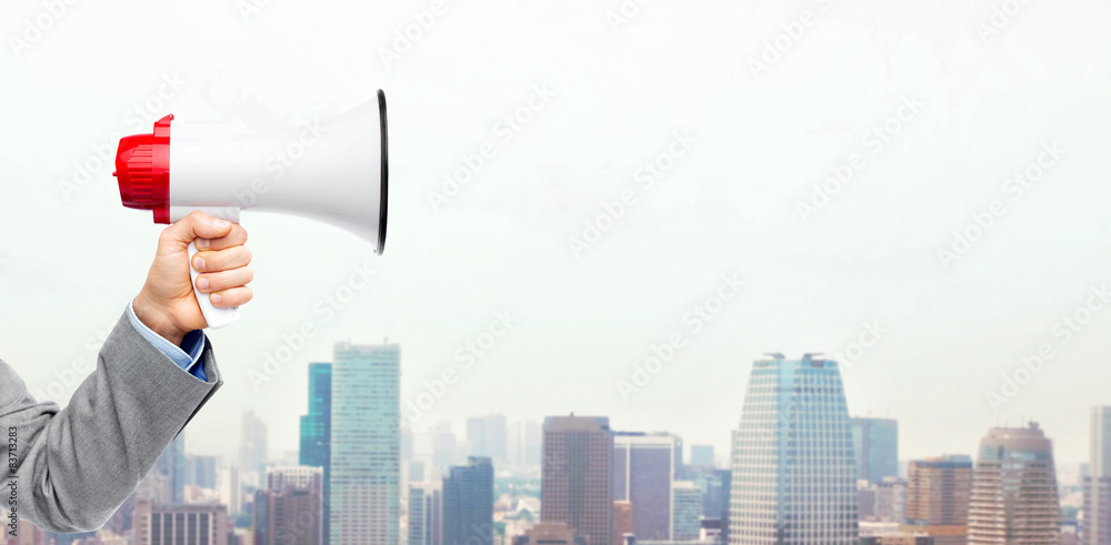 Poster business man hand holding megaphone