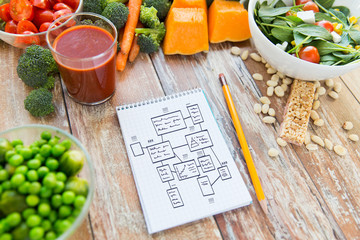 close up of ripe vegetables and notebook on table