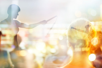 Double exposure, woman fighting martial arts, boxing 