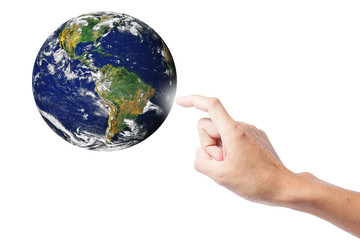 hand pointing on Earth planet,photo of Earth from NASA