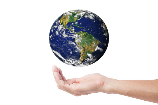 Hand with planet white background ,photo of Earth from NASA
