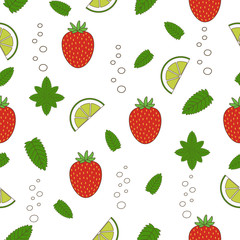  Strawberry mojito seamless pattern. Vector illustration. Hand d
