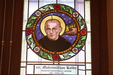Saint Maximilian Kolbe, stained glass window in Basilica Assumption of the Virgin Mary in Marija Bistrica, Croatia