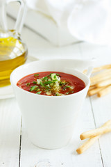 gaspacho- Spanish soup made with fresh tomato. Selective focus.