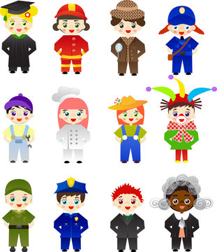Set of kids with different professions on white background.