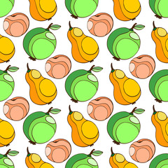 Seamless pattern with apples, peach and pears. Perfect for wallpapers, pattern fills, web page backgrounds, surface textures, textile, kids cloth and fabric.