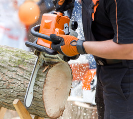 Chainsaw cutting wood