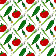 Seamless pattern with fresh hand drawn vegetables. Vector background with healthy tomatoes, cucumbers, onions