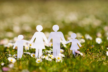 Paper cut of family with flowers background on a green grass.Family Life Insurance.Protecting family, family concepts. 