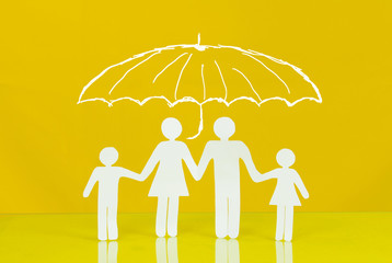 Protection gesture  isolated on yellow background.Family life insurance, protecting family, family concepts.