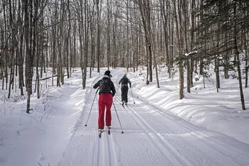 Abwaschbare Fototapete ski de fond dans une forêt couverte de neige © ydumortier