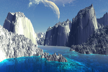 Obrazy na Plexi  Fantazja obcej planety. Skały i księżyc