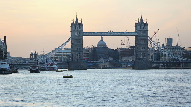 Tower Bridge and London cityscape at sunset

