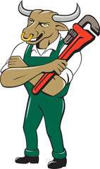 Bull Plumber Wrench Standing Isolated Cartoon