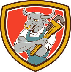 Bull Plumber Wrench Standing Shield Cartoon