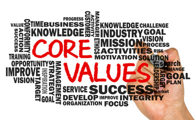 core values with business word cloud handwritten on whiteboard