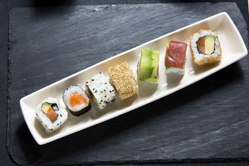 sushi platter / top view of dish with sushi menu