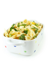 Delicious pasta with with broccoli in bowl isolated on white