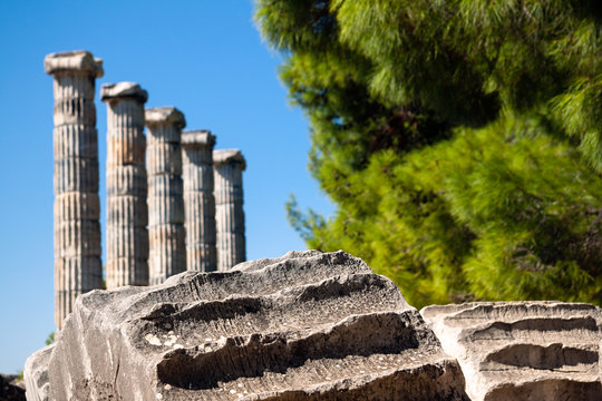 Ancient columns, Temple of Athena ruins in Priene, Turkey