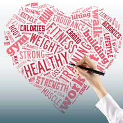 Healthy lifestyle concept - heart in word collage. Close up of f