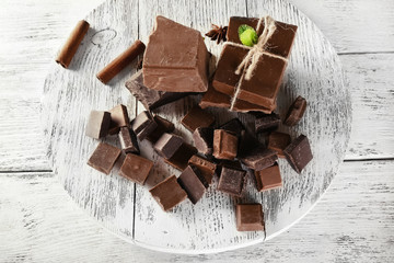 Set of chocolate on wooden table