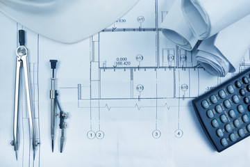 Architectural project, blueprints, engineering tools
