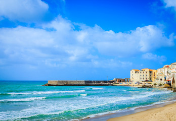 View of city Cefalu by the coastline on island Sicily, Italy.