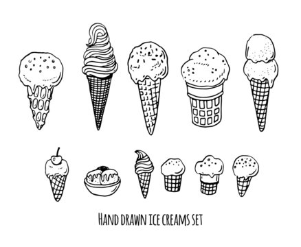 Hand drawn ice creams doodle set.
