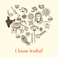I Love India! Hand drawn background in the shape of heart. Doodle icons set.