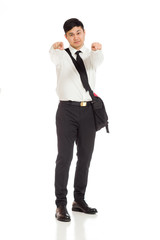 Model pointing to camera