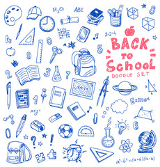 Hand drawn vector illustration set of school sign and symbol doodles elements.