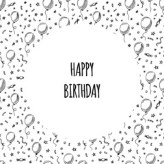 Hand drawn birthday greeting card with doodle ballons.
