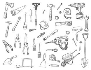 Hand drawn vector illustration set of construction tool  doodles elements. - obrazy, fototapety, plakaty