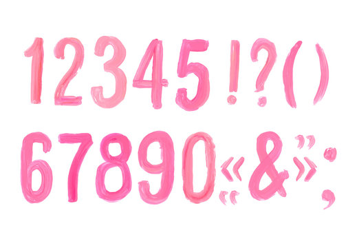 Lipstick and nail polish font numbers. Hand drawn red oil painting alphabet.