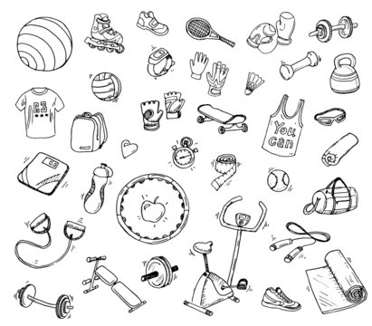 Hand drawn vector set of fitness and sport  elements.