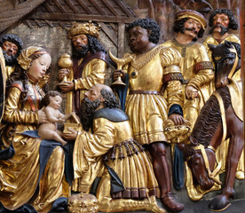 Nativity scene, adoration of the Magi, Maria am Berg church on December 13, 2014 in Hallstatt, Austria.