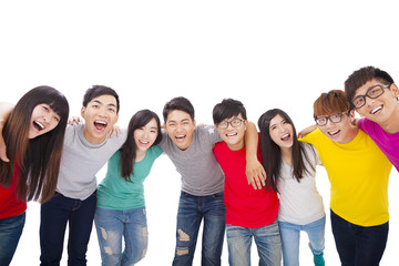 young student group  with arms around each others shoulders