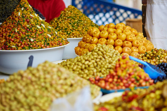 Pickled olives on a traditional Moroccan market