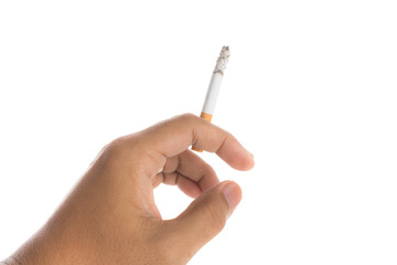 Man hand holding burning cigarette isolated on white background