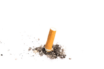 Cigarette butt with ash isolated on white background