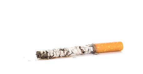 Cigarette butt with ash isolated on white background